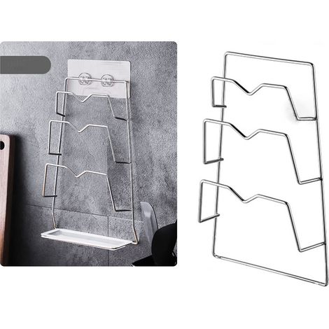 Support mural pour couvercles de casseroles 3 niveaux, multifonction en acier inoxydable, porte-couvercles, rangement pour planche à découper et cuisine (1/5)