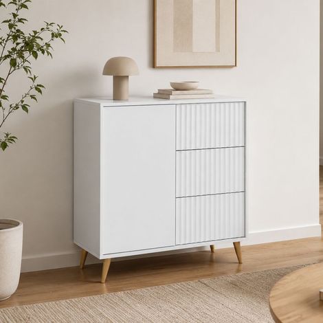 Sideboard Lemihapa, Kommode mit 3 Schubladen, Schwenk- und Schiebetür, Ein Türflügel, 91x40x98h cm Weiß (1/3)