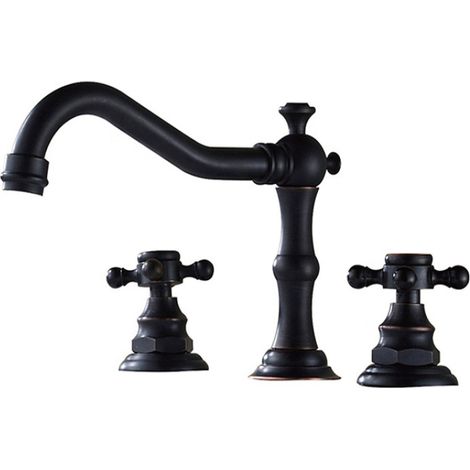 3-Loch-Badezimmer-Wasserhahn, mattschwarzer antiker Messing-Badezimmer-Waschtisch-Wasserhahn mit zwei Griffen, Vintage-Badezimmer-Wasserhahn