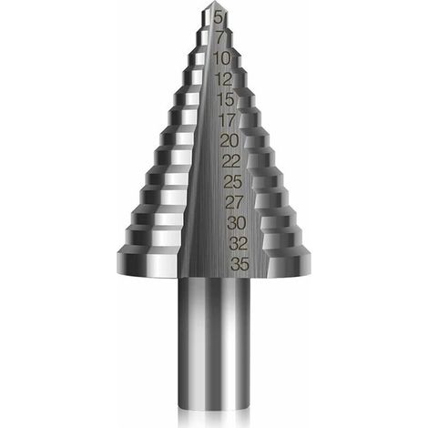 Foret Fraise Meche Etage HSS,Foret Étagé Fraise Conique à Double Fente (5mm-35mm) avec Revêtement Titane,Solide,Parfait Pour Visseuse Percage sur Acier Bois,Laiton,Aluminium,PVC(Tige ronde, 13 mm) (1/5)