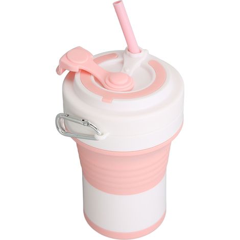 Gobelet pliable en silicone 550ml rose blanc, isolant thermique, étanche, avec paille, tasse à café réutilisable et rétractable. (1/5)