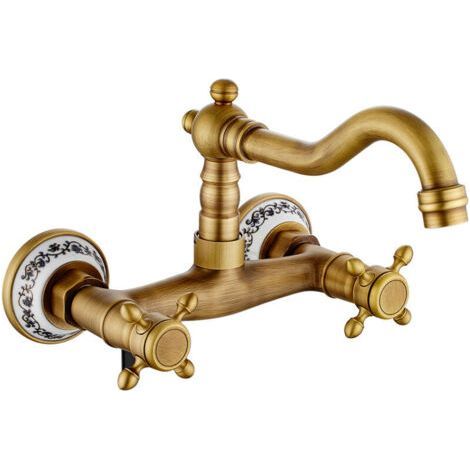 Robinet de cuisine mural vintage pivotant à 360° , Robinet lavabo vintage avec céramique en laiton avec eau froide et chaude mélangeur d'évier antique (ancien) (1/5)