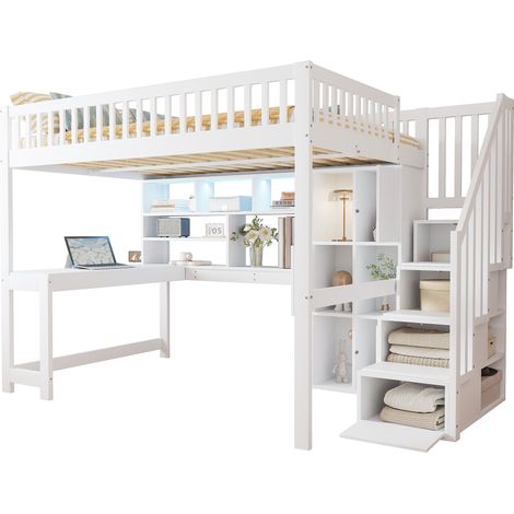MODFU - Letto a soppalco per bambini/adulti 140×200cm con scrivania e contenitore, illuminazione a LED, sistema anticaduta, materasso non incluso, pino, bianco (1/5)