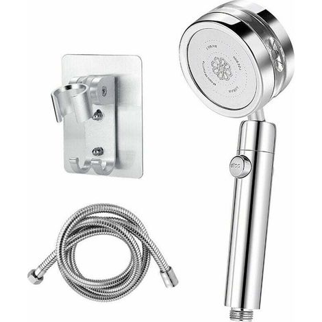 royaluxe - Pommeau de Douche Turbocompressé Argent avec Tuyau 1.5 m et Support de Douche sur Mur, Un Bouton de Interrupteur, Pommeau de Douche Amovible et Facile à Nettoyer (1/4)