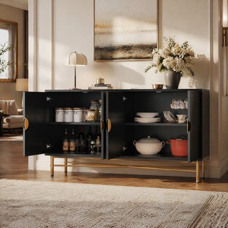 Buffet 4 portes avec relief 160 x 40 x 82 cm noir et doré OKWISH (1/5)