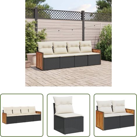 vidaXL Canapé patio -  Salon de jardin 4 pcs avec coussins noir résine tressée (1/5)