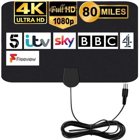 TV Aerial Indoor TV Aerial - 80 Miles Digital HDTV Antenna Freeview Antenna VHF UHF 4K 1080P for Local Channels Support ALL Television – 12.2 FT Coax Cable (1/5)