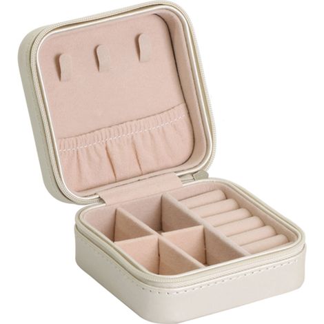 Pequeño joyero portátil de viaje, organizador y estuche de almacenamiento para anillos, pendientes y collares.