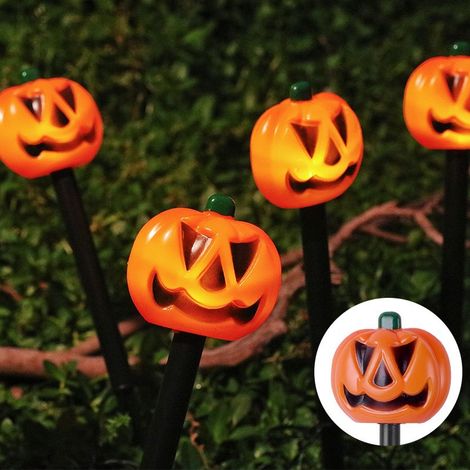 Piquets lumineux LED d'Halloween lot de 5 citrouilles plates et rondes tige noire, lampe décorative extérieure IP65, tension 1,2V. DT-2 (1/5)