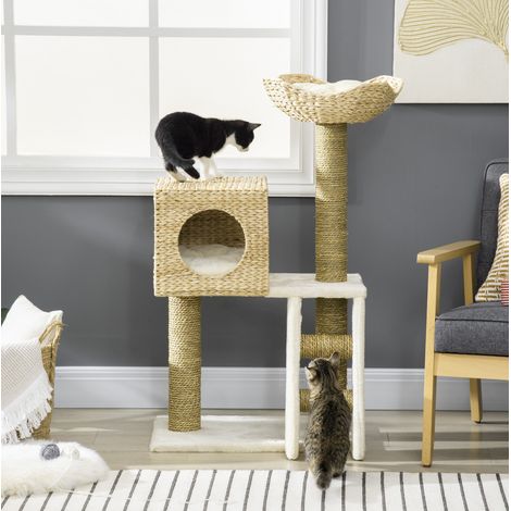 Arbre à chat en bois d’ingénierie et peluche coloris naturel avec niche, lit et échelle, griffoir et repos, 57 x 37 x 100,5 cm (1/5)