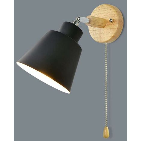 RHG Applique Murale Avec Interrupteur à Tirette Rotation Libre à 350° Lampe De Chevet RéTro Moderne Applique En Bois E27 Applique Murale Interieur Convient Pour Salon Et Chambre（Le noir）