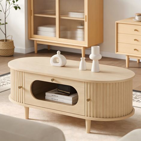 Mesa salón con cajón y puerta corredera en roble claro HAVRYA (1/5)