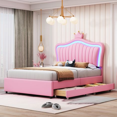 Cama Infantil 90x200 cm Almacenamiento Corona LED Piel PU Rosa (Sin Colchón)