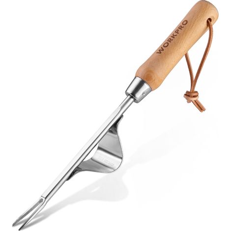 WORKPRO Désherbeur Manuel en Acier Inoxydable, Extracteur de Racines à Double Dent avec Base à Levier, Outil de Jardin pour Enlever les Mauvaises Herbes