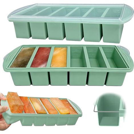Set mit 2 Silikon-Gefrierformen mit Deckel, 6 große Eiswürfelbehälter (125 ml pro Fach), ideal zum Einfrieren und Aufbewahren von Suppen, Soßen, Fertiggerichten und Eiswürfeln. (1/5)