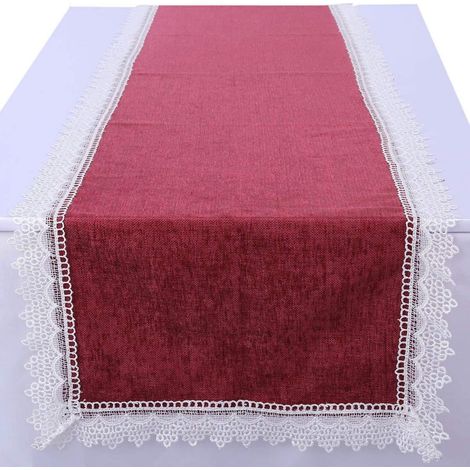 Tischläufer Rot 38x192cm mit Spitze, Leinenoptik, für Innen & Außen