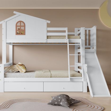 Lit superposé avec fenêtres originales et échelle inclinable à quatre marches, lit enfant et lit maman avec toboggan, deux tiroirs, cadre de lit en bois massif, blanc, 90x200 et 120x200cm