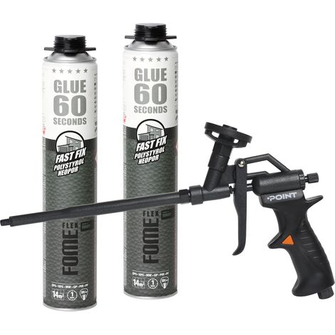 Lot de 2 mousses adhésives polyuréthane FOME FLEX Fast Fix 60 s 850 ml + pistolet à mousse POINT BLACK professionnel (1/5)