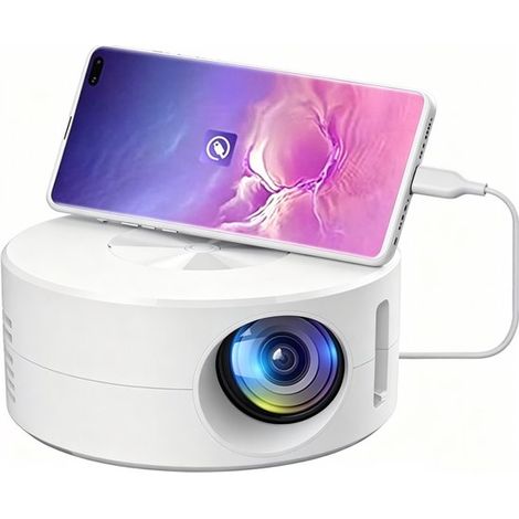 Mini projecteur portable – Projecteur de poche pour home cinéma – Compatible smartphone – Format rond – 11 x 11 x 4,7 cm – Blanc (1/5)