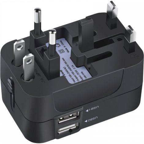 Reiseadapter, Universal-Reiseadapter, Wandladegerät, AC-Steckeradapter, mit zwei USB-Ladeanschlüssen, geeignet für USA, EU, Großbritannien, Australien, Mobiltelefone, Laptops, Schwarz (1/4)