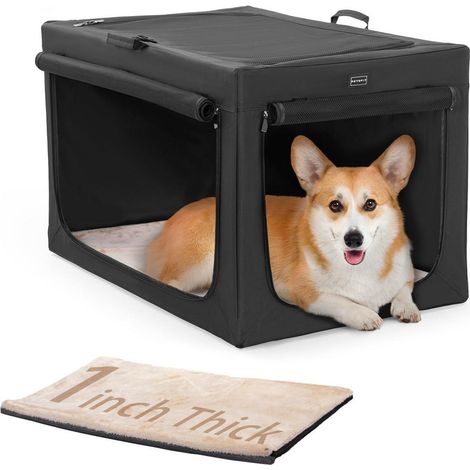 Hundebox faltbar für mittlere Hunde, Transportbox mit Netzfenstern und Betteinlage, Größe M, Schwarz (1/5)