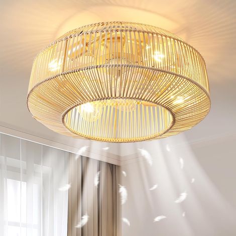 50cm Boho Rattan Ceiling Fan with Light, Flush Mount Caged Fan, Remote, 6 Speeds, Timer, Reversible, Bulbs Not Included, Gold, Bulbs Not Included (1/5)