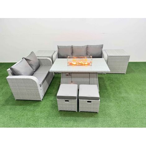 Fimous 7 Seater PE Rattan Wicker Garden Furniture Patio Conservatory Sofa Set with Firepit Dining Table 3 Seater Sofa Love Sofa 2 Stools 2 Side Table (1/4)