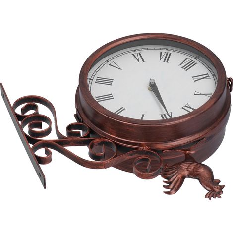 Doppelseitige Gartenuhr mit antikem schmiedeeisernem Hahn in Bronzefarbe (Batterien nicht enthalten) - T8815C (1/5)