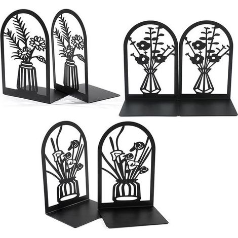 Lot de 3 paires de serre-livres en forme de vase - Support de livres - Serre-livres - Antidérapant - Métal - Noir (1/5)