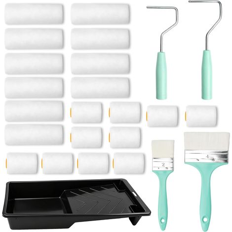 Lot de 25 rouleaux de peinture, 20 rouleaux en mousse (10 cm/5 cm), 2 poignées de rouleau de peinture, 2 pinceaux pour murs, 1 bac de peinture, porte-rouleau de peinture, kit de peinture pour peindre (1/5)