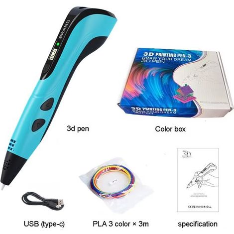 Stylo d'impression 3D pour enfants avec écran LCD, 12 couleurs x 3 mètres de filament, dessin et peinture 3D éducatifs DIY - bleu (1/5)