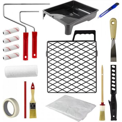 Dema – Set de peinture 17 pièces – 5 rouleaux polyester 210/100 mm – 2 porte-rouleaux acier – Bac 370x290 mm – Pinceaux et accessoires inclus