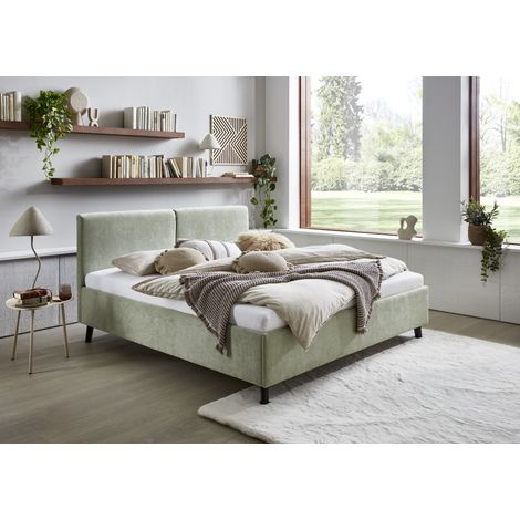 Meise Möbel Polsterbett Piano 180x200 cm Doppelbett Bettgestell Kopfteil mit tiefem Einzug Strukturstoff Hellgrün Holzfuß schwarz (1/5)