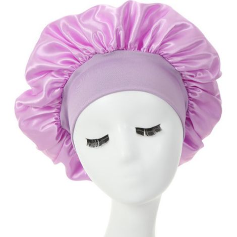 Bonnet de nuit femme lavande élastique large bandeau doux, coiffe cheveux longueur libre pour dormir, turban satiné extensible confortable, accessoire capillaire nocturne féminin (1/5)