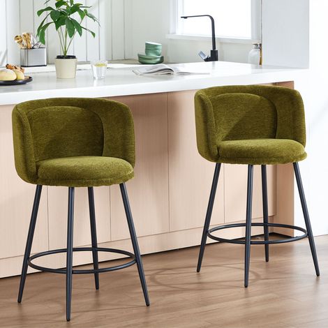 Wahson Lot de 2 Tabourets de bar Rembourrés en Chenille, Chaise Bar et Pieds en Métal, Chaises de bar pour îlot de cuisine, Vert