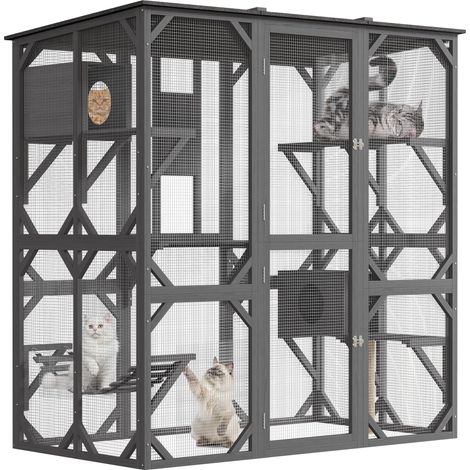 2 Paquets Catio en Bois 562 pour Chats - Grand Catio de 70" avec Accès par Fenêtre, Enclos Extérieur pour Chats, Patio en Bois avec Toit en Asphalte, Plateformes, Griffoir, Pont et Condo (1/5)