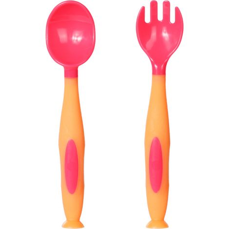 Ensemble fourchette et cuillère pour bébé, manches courts, en polypropylène souple, pour l'apprentissage de l'alimentation des tout-petits, jaune. (1/5)