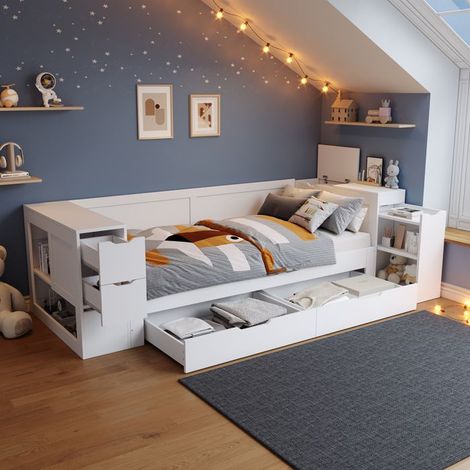 Lit enfant - 90 x 190 cm - 1 place - Avec tiroirs de rangement - Blanc (1/5)
