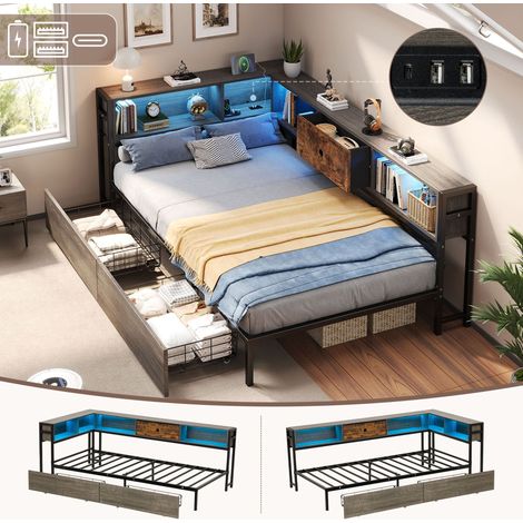 3ft Single Metal and Wood Bed with RGB LED Lights & Charging Station (USB & Type-C), Built-in Shelves and Bedside Storage, Two Storage Drawers, Two Assembly Methods, Grey, Rustic Brown (No Mattress)