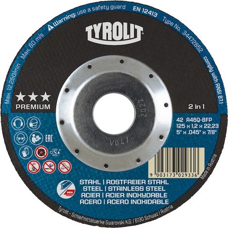 Meule à tronçonner PREMIUM 42 - DEEP CUT PROTECTION 2 en 1 metal/inox - diamètre 125 mm - épaisseur 1,2 mm - TYROLIT