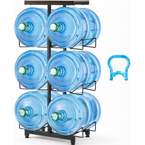 Support de Bonbonne d'Eau 4 Niveaux Rack Double Rangée pour 6 Bidons, 11L et 19L, Cadre Robuste en Métal, Support de Rangement Pliable avec Poignée, pour Cuisine, Bureau, Salon, Noir et Marron (1/5)
