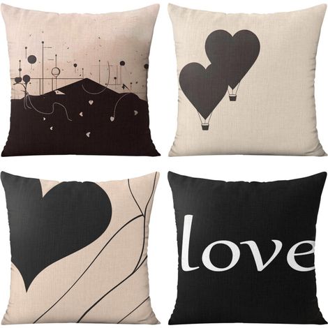 Valentinstag-Kissenbezüge in Herzform, rot und schwarz, 45 x 45 cm, 4er-Set, Leinenmaterial, geeignet für Arbeitszimmer, Sofa und Wohnzimmer.