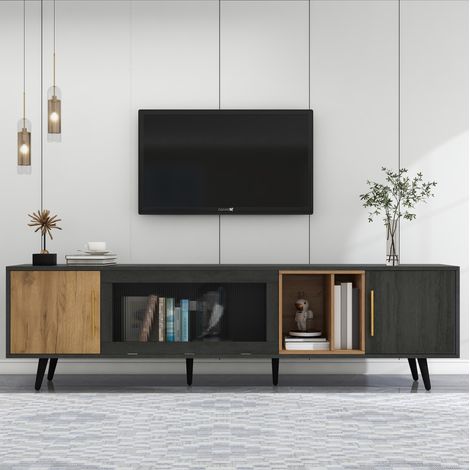 Mobile TV 200x40x55,5 cm grigio con 1 anta ribaltabile in vetro, 2 ante e ripiani portaoggetti, in MDF (1/5)