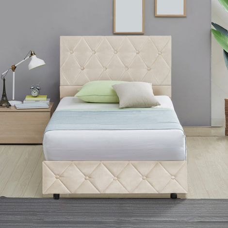 Letto a castello 90/200 cm beige in velluto con doghe in legno e struttura stabile (1/5)