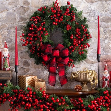 Couronne de Noël 40 cm, baies rouges artificielles et nœud à carreaux pour porte d'entrée (1/5)