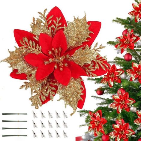 20 pièces décorations de noël, fleurs de noël artificielles avec clips, guirlande d'arbre de noël scintillante pendentifs de fleurs artificielles