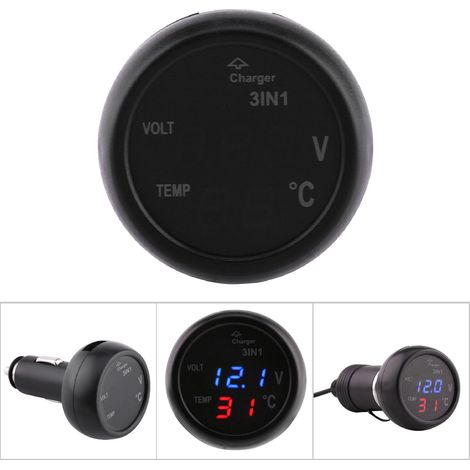 Chargeur USB allume-cigare voiture avec voltmètre thermomètre double affichage LED bleu rouge, prise 12V, testeur tension, écran numérique (1/4)