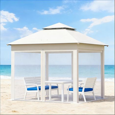 REDOM Gazebo pieghevole 3x3m, doppio tetto ventilato, zanzariere rimovibili, borsa da trasporto, acciaio e tessuto Oxford beige