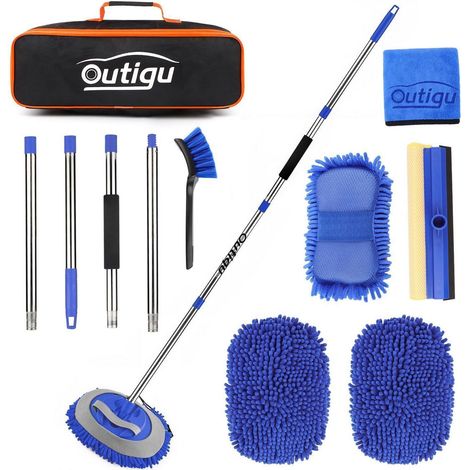 Kit de lavage auto avec manche télescopique 160cm, microfibre, raclette et brosse (1/5)