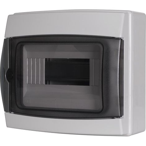 Centralino da parete 8 moduli con portello fumé, grigio RAL 7035, 200x180x100 mm, IP65, ideale per installazioni elettriche interne ed esterne